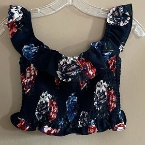 Bear Dance Navy Floral Off Shoulder Cropped Top. Size L